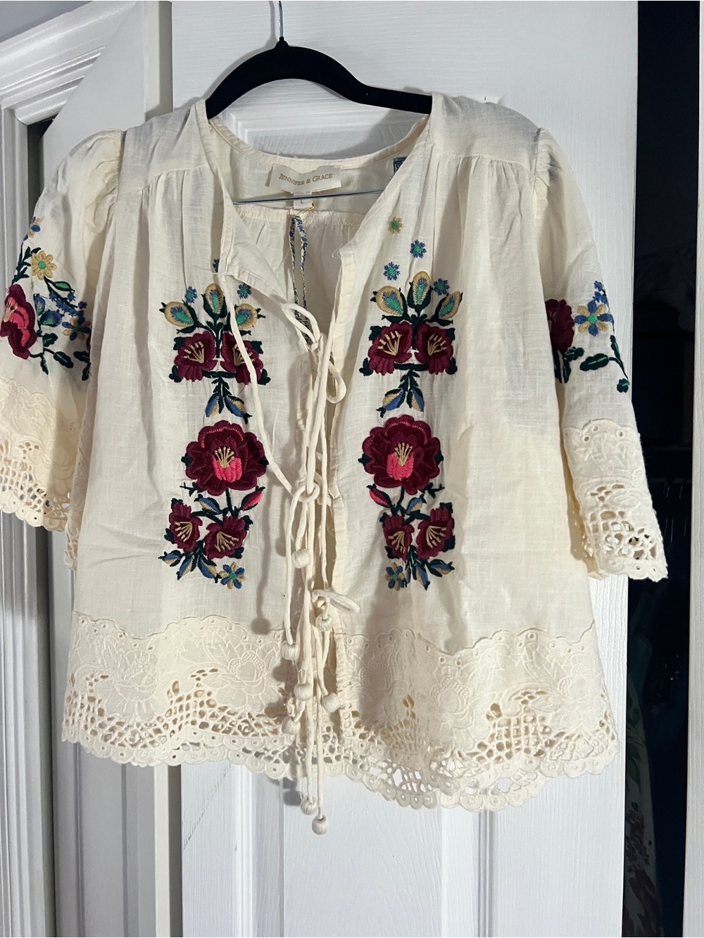 Embroidered Cream Peasant Blouse with Lace Trim - Picture 7 of 13